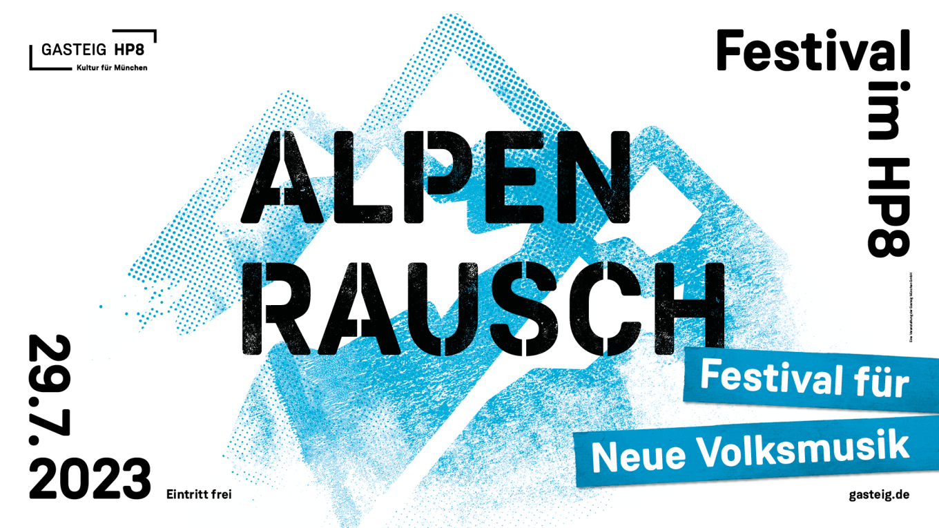 WeisserHintergrund auf dem die Umrisse von Bergen mit hellblauer Farbe gestempelt sind. In großen Buchstaben steht Alpenrauschfestival geschrieben